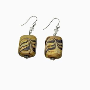 Dangle Earrings Art Glass Smooth Tan Brown Rectangle Clear Faceted Accent Beads
